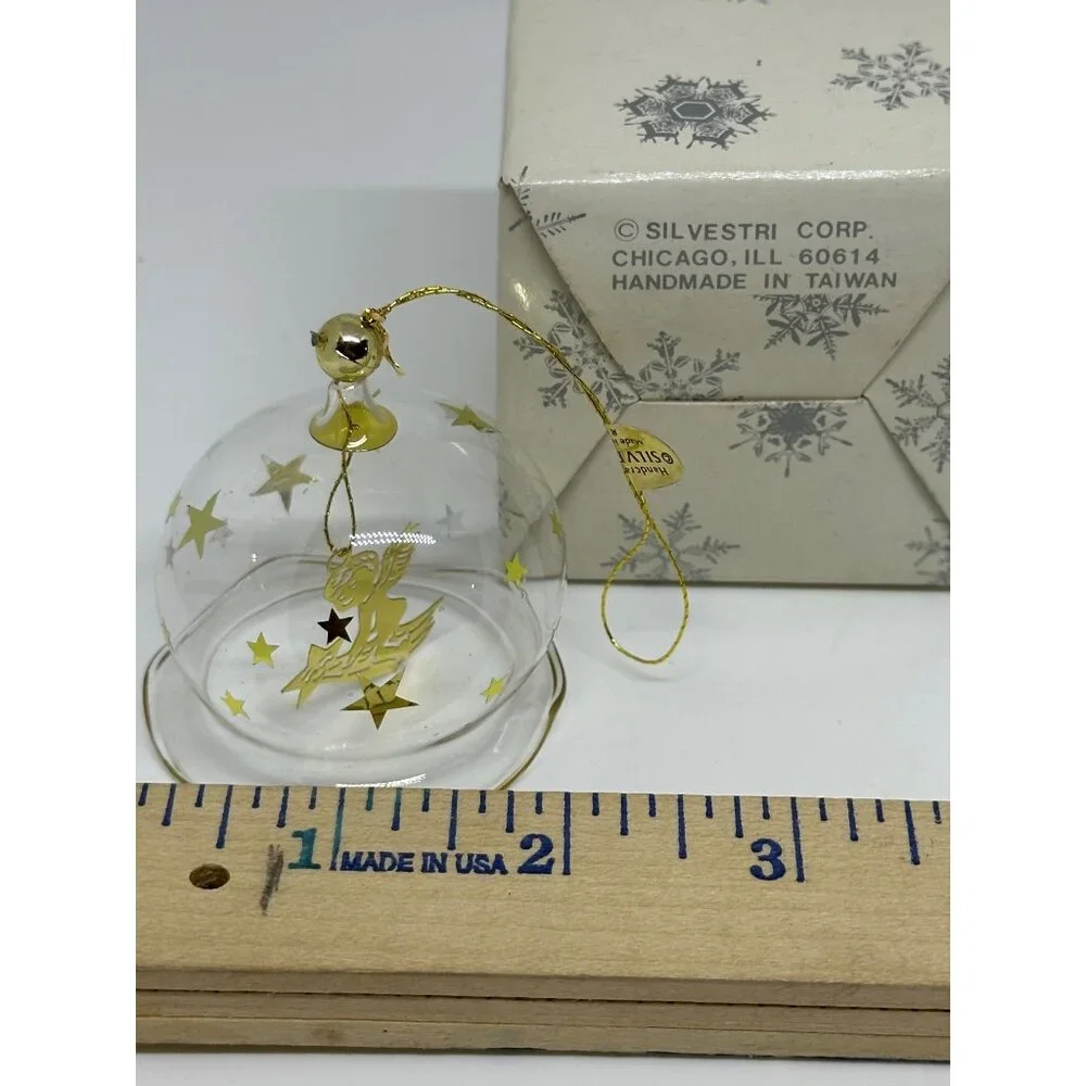 VTG Silvestri Glass Bell Ornament Gold Angel Star Dome Boxed 2